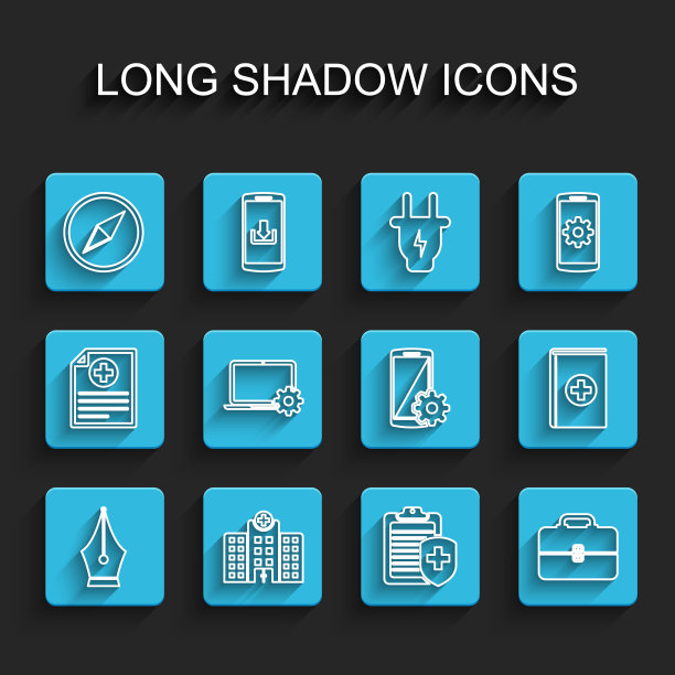 设置线钢笔笔尖，医疗医院大楼，风玫瑰，剪贴板与医疗保险，工具箱，笔记本电脑和齿轮，书和设置在智能手机图标。向量图片下载