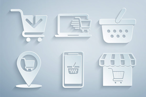 设置移动和购物篮，购物，定位车，市场商店，笔记本电脑和添加图标。向量图片下载