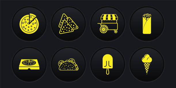 设置披萨在纸板箱，玉米煎饼，玉米薄饼，冰淇淋，快速街头食品车，玉米片，华夫饼蛋筒和图标。向量图片下载
