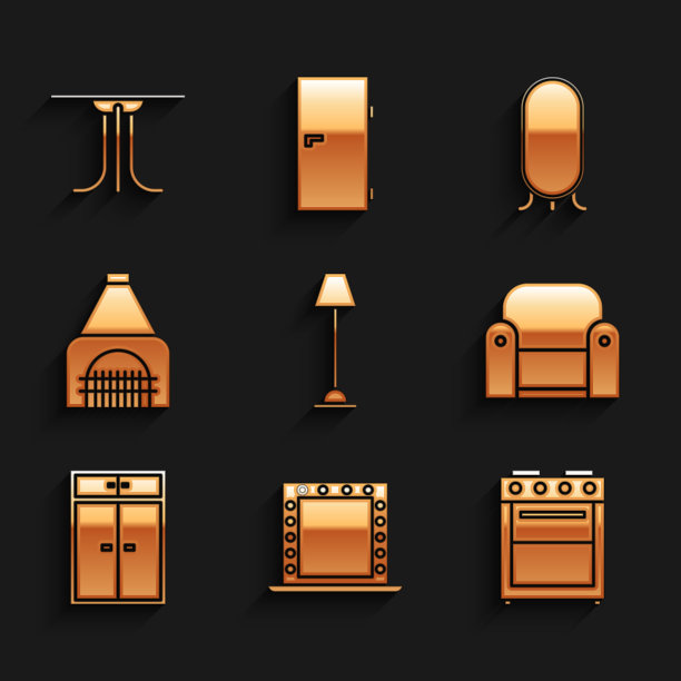 设置落地灯，化妆镜与灯，烤箱，扶手椅，衣柜，室内壁炉，大全长和圆桌图标。向量图片下载