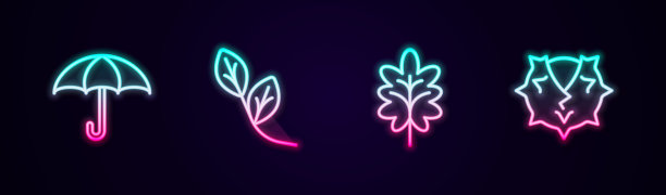 设置伞，叶，栗子线。发光的霓虹灯图标。向量图片下载