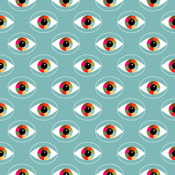 抽象神秘图案与眼睛和一个多色贝壳。浅蓝色背景上的装饰物。图片下载