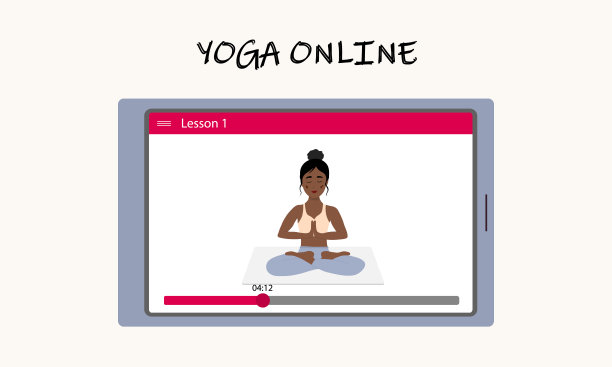 不用出门就能在线上瑜伽课。一个漂亮的非洲女孩在平板电脑屏幕上展示瑜伽体式。通过互联网进行瑜伽训练。矢量插图。图片下载