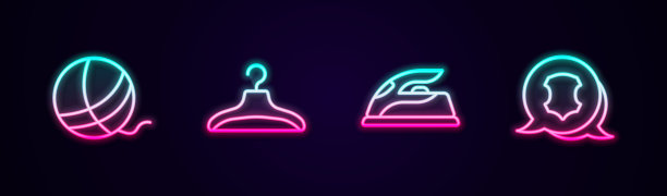 集线球、衣架、衣柜、电熨斗、皮革。发光的霓虹灯图标。向量图片下载