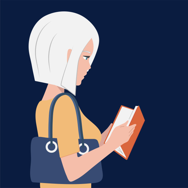 金发女孩读了一本有趣的书。深蓝色背景，矢量平坦。图片下载