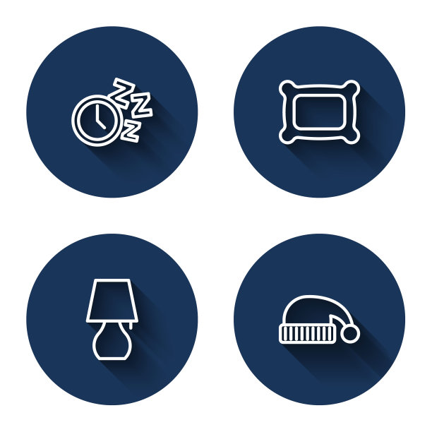 设置线闹钟，枕头，台灯和长影睡帽。蓝色圆按钮。向量图片下载
