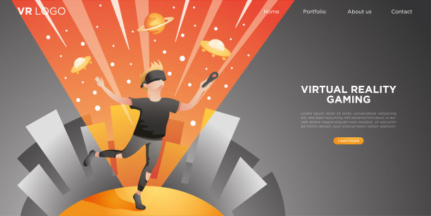 戴着虚拟现实耳机的男人。看着外太空，宇宙中有行星，火箭，拿着控制器。向量旗帜为网站，与按钮和空间为文本的着陆页图片下载