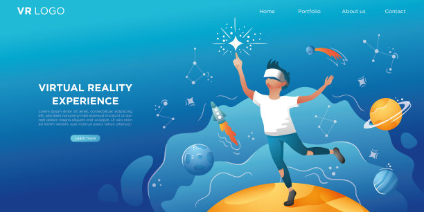 戴着虚拟现实耳机的男人。看着外太空，宇宙中有行星，火箭，拿着控制器。向量旗帜为网站，与按钮和空间为文本的着陆页图片下载