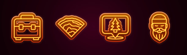 设置线工具箱，木梁，森林和伐木工人的位置。发光的霓虹灯图标。向量图片下载