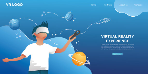 戴着虚拟现实耳机的男人。看着外太空，宇宙中有行星，火箭，拿着控制器。向量旗帜为网站，与按钮和空间为文本的着陆页图片下载