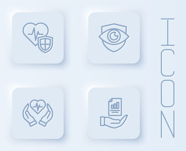 设线人寿保险有盾、盾和眼，还有合约手。白色正方形按钮。向量图片下载