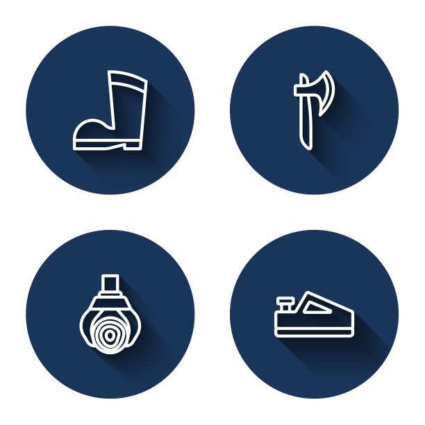 套线防水橡胶靴，木斧，抓斗吊车抓原木，带长影的平面工具。蓝色圆按钮。向量图片下载