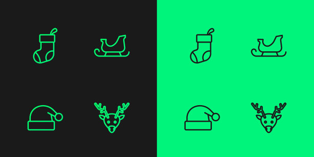 设置驯鹿、圣诞老人帽、圣诞袜和圣诞老人雪橇图标。向量图片下载