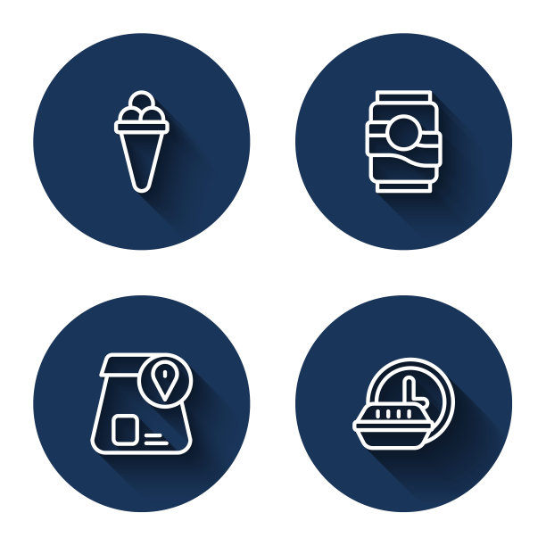 设定线冰淇淋华夫饼，汽水罐，网上订餐，24小时送货，长影子。蓝色圆按钮。向量图片下载