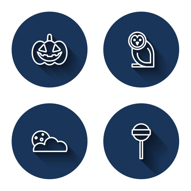 设置线南瓜，猫头鹰鸟，月亮和星星和棒棒糖与长影子。蓝色圆按钮。向量图片下载