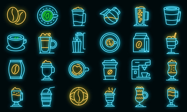 拿铁图标设置矢量霓虹图片下载