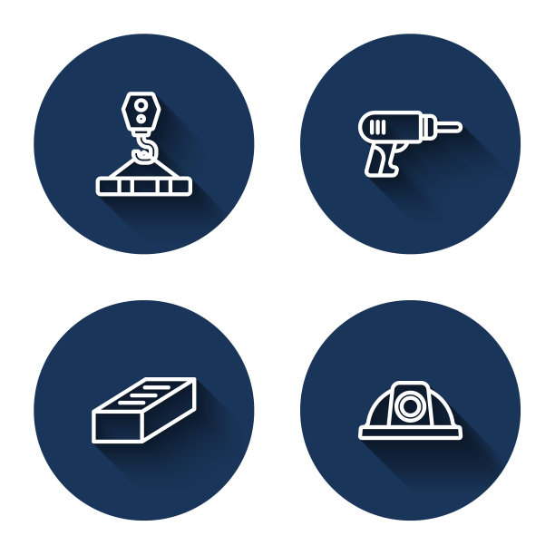 吊车钩，电钻，砖和工人安全帽，有长长的影子。蓝色圆按钮。向量图片下载