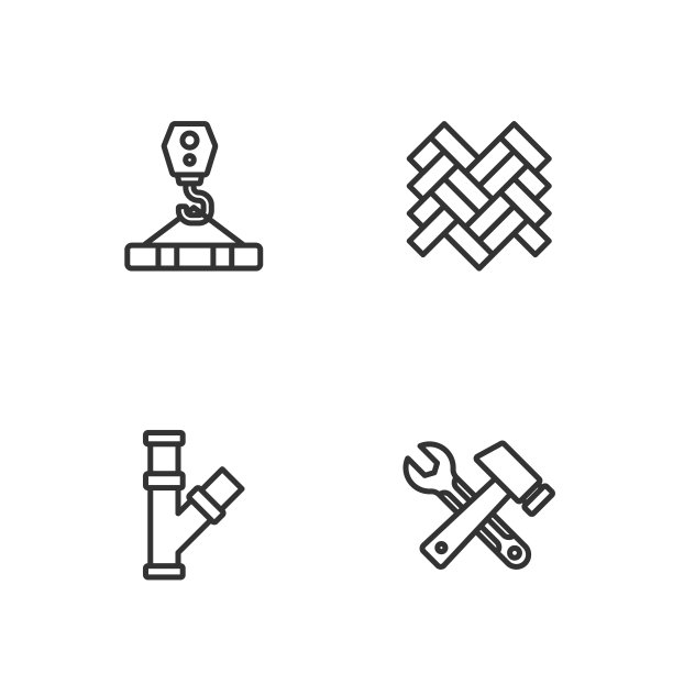 套装线锤和扳手扳手，工业金属管，吊钩和拼花图案。向量图片下载