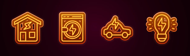 集智能家居、洗衣机、电动汽车、创意灯具照明理念于一体。发光的霓虹灯图标。向量图片下载