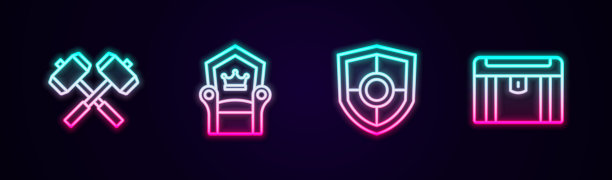 设置线交叉战斗锤，中世纪王座，盾牌和古董宝箱。发光的霓虹灯图标。向量图片下载