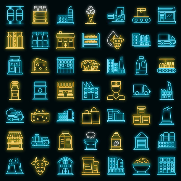 牛奶工厂图标设置矢量霓虹灯图片下载