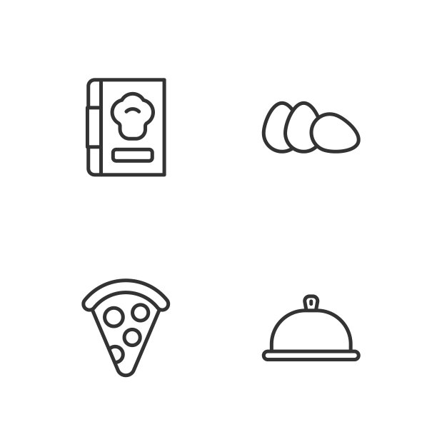 设置线覆盖托盘的食物，切片披萨，烹饪书和鸡蛋的图标。向量图片下载