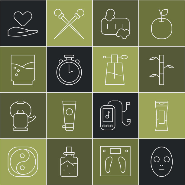 套装线面膜，洗发水瓶，竹茎带叶子，肥皂泡沫，秒表，玻璃水，心在手和香水图标。向量图片下载