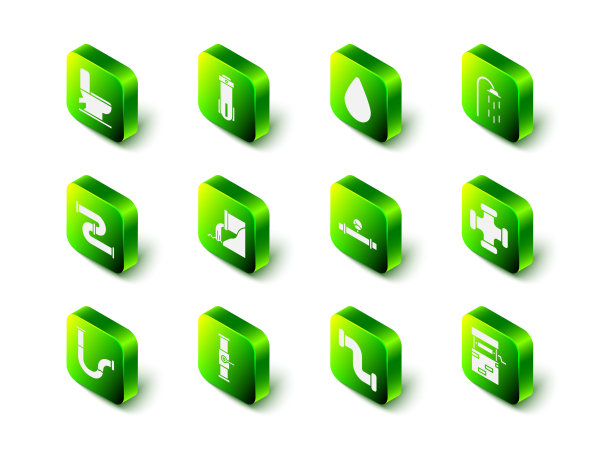 设置水过滤器，滴水，淋浴，工业金属管道，井，和压力计，和阀门图标。向量图片下载