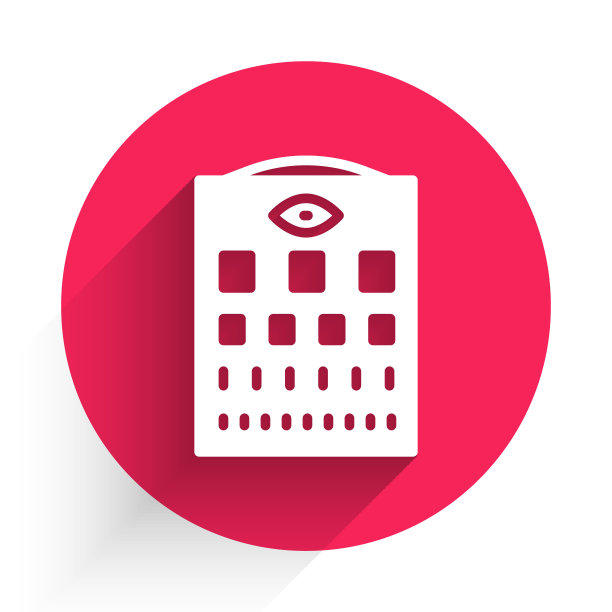 白色眼睛测试图表图标孤立与长阴影。眼科研究中视力测试的海报。斯内伦视力表。红色圆圈按钮。向量图片下载