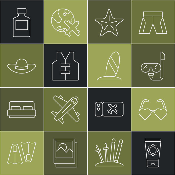 固定线防晒霜管，心形爱情眼镜，潜水面具和通气管，海星，救生衣，优雅的女帽，威士忌酒瓶和冲浪板图标。向量图片下载