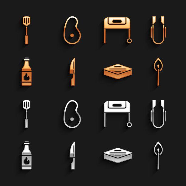 设置烧烤刀，肉钳，燃烧的火柴与火，牛排肉，塔巴斯科酱，烤架，抹刀和图标。向量图片下载