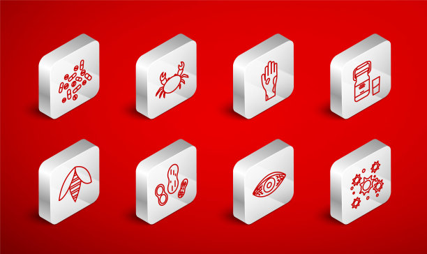 设置线细菌，蟹，手与牛皮癣或湿疹，可以容器牛奶，红眼过敏性结膜炎，药丸片，花生和蜜蜂图标。向量图片下载