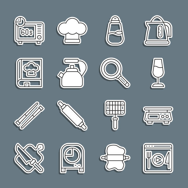 设置线烹饪直播，电子天平，葡萄酒杯，盐，水壶有把手，烹饪书，微波炉和煎锅图标。向量图片下载