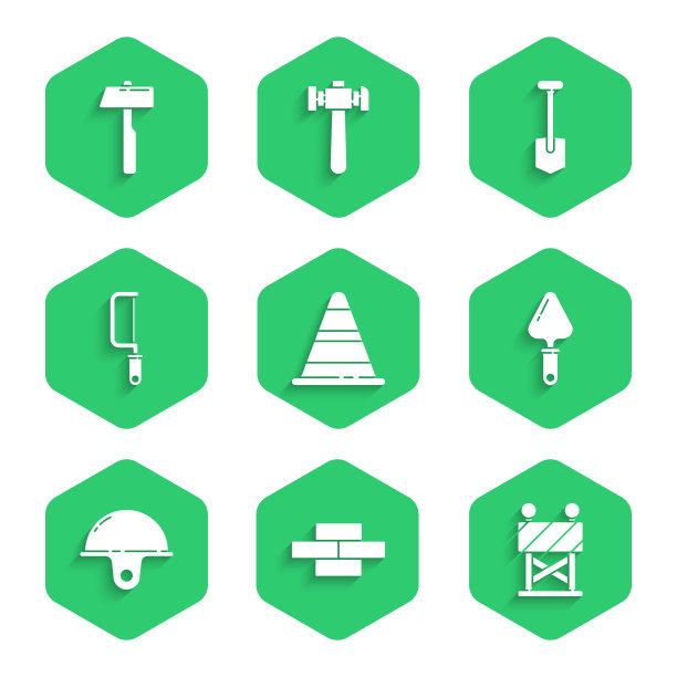 设置交通锥，砖块，道路障碍，镘刀，工人安全帽，钢锯，铲子和锤子图标。向量图片下载