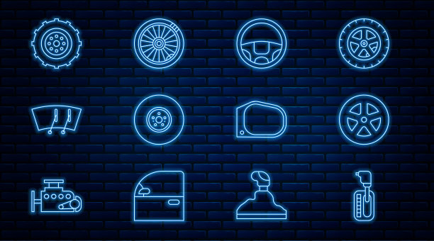 设置线变速杆，汽车车轮，转向，刹车盘，挡风玻璃刮水器，镜子和图标。向量图片下载