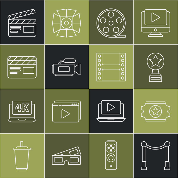 设置线地毯与障碍，电影票，电影奖杯，电影卷轴，相机，拍板，和播放视频图标。向量图片下载