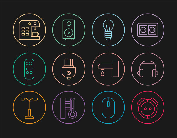 设置线机器人吸尘器，耳机，灯泡，电插头，遥控器，咖啡机，水龙头和立体声扬声器图标。向量图片下载