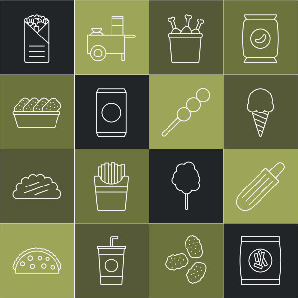 固定线硬面包查克饼干，法国热狗，冰淇淋华夫蛋筒，鸡腿包装盒，汽水罐与稻草，鸡块，多纳烤肉串和肉丸木棒图标。向量图片下载