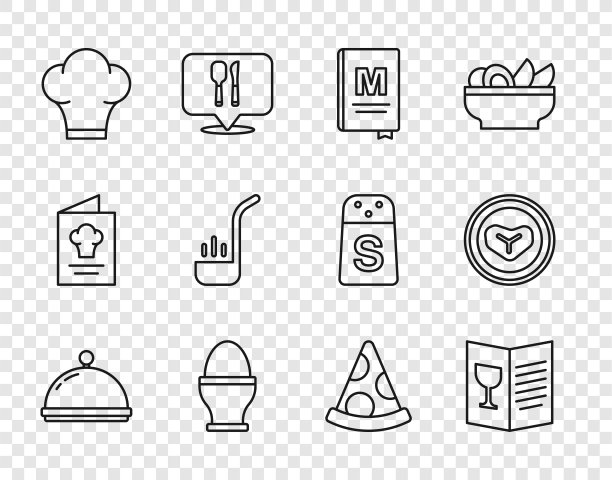 设置线覆盖托盘，餐厅咖啡菜单，鸡蛋站，厨师帽，厨房勺子，披萨片和牛排肉盘图标。向量图片下载