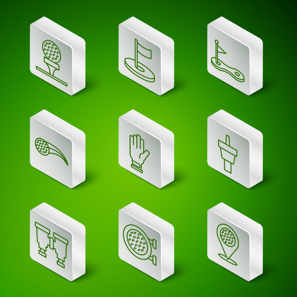 设置线位置高尔夫运动俱乐部，高尔夫，球tee，手套，洞旗，望远镜和图标。向量图片下载