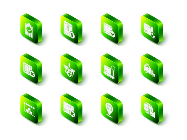 设置信封与美元符号，木箱检查标志，交付安全盾牌，货运卡车车辆，全球运输和，规模纸板，位置和纸箱删除图标。向量图片下载