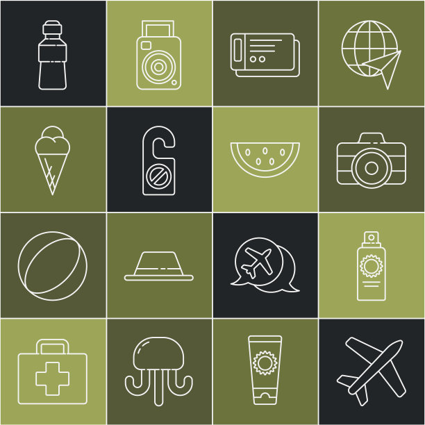 设置线平面，防晒霜喷雾瓶，相机，旅行车票，请不要打扰，冰淇淋在华夫蛋筒，瓶装水和西瓜图标。向量图片下载