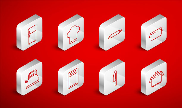 设置线烹饪锅，厨师帽，擀面杖，刀，冰箱，切菜板和水壶手柄图标。向量图片下载