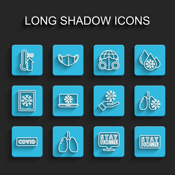 设置线冠状病毒covid-19，肺部，高人体体温，呆在家里，病毒统计笔记本电脑，肺部细胞和手与图标。向量图片下载