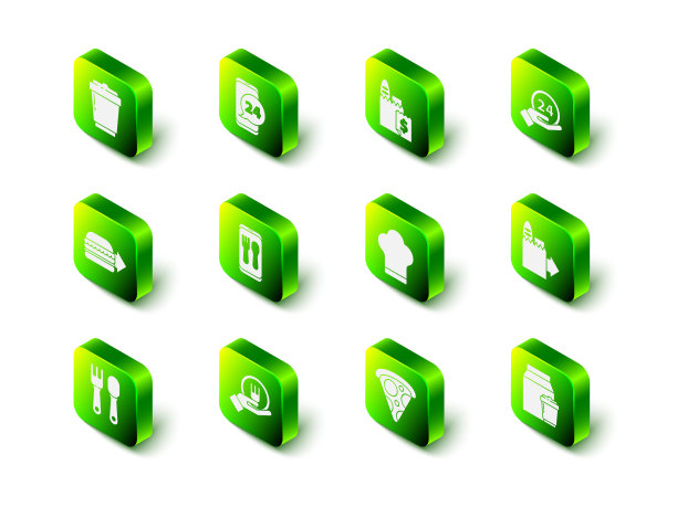 设置食品订购，在线和送货，时钟24小时，厨师帽，披萨片和图标。向量图片下载