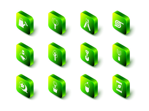 设置花郁金香，园艺手工剪刀，软管，耙子，肥料袋，铲子，橡子和花盆图标。向量图片下载