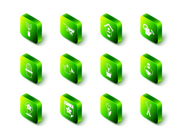 设置手推车与泥土，鸟的房子，洒水罐，瓶子爱情药水，园艺手工剪刀，花郁金香，和日历花图标。向量图片下载