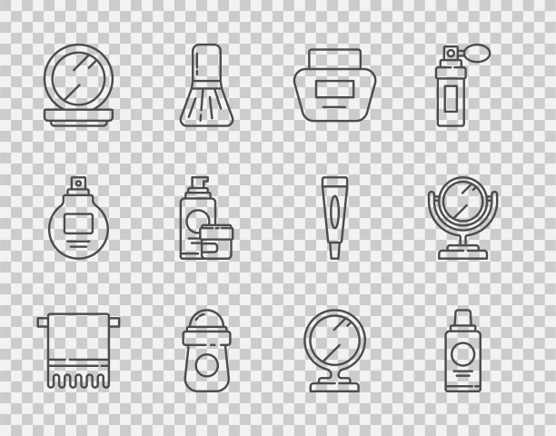 衣架上的毛巾，一瓶洗发水，面霜或乳液化妆管，止汗除臭剂卷，化妆粉与镜子，圆形化妆品和图标。向量图片下载