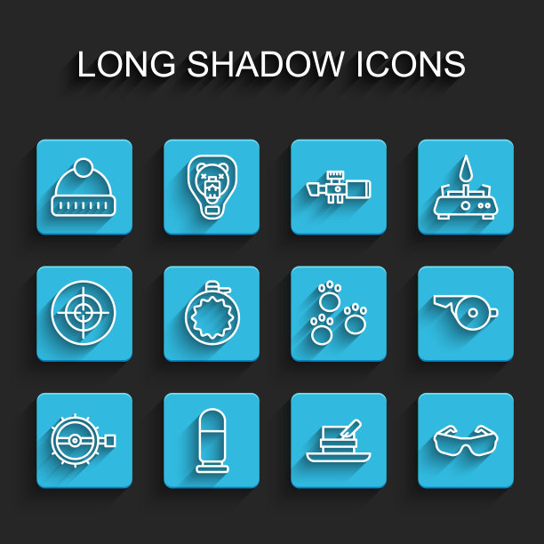 设置线陷阱狩猎，子弹，冬季帽子，猎人与羽毛，眼镜，水壶水壶，口哨和爪印图标。向量图片下载