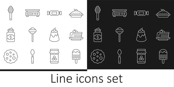 Set line冰淇淋，蛋糕，糖果，棒棒糖，罐子糖，蜂蜜勺棒，布丁蛋奶沙司和电子天平图标。向量图片下载